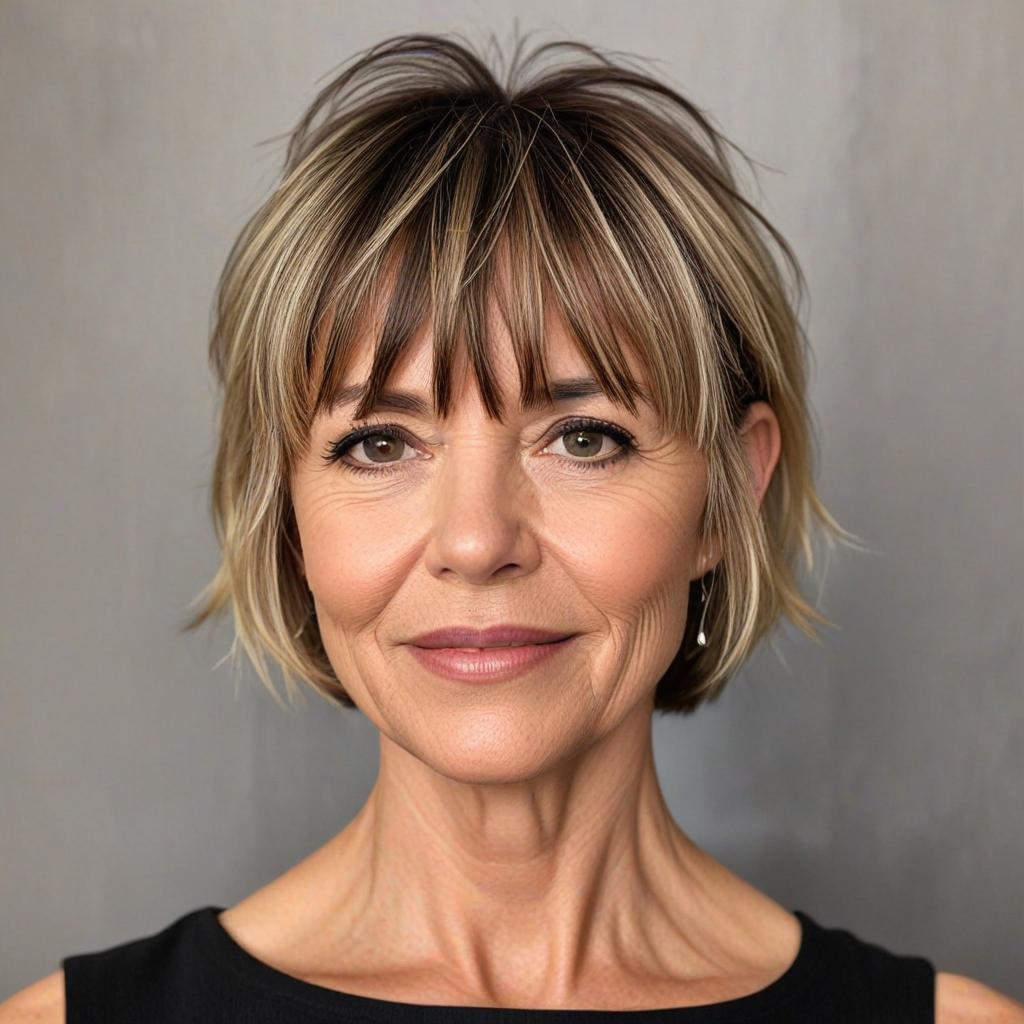 Low Maintenance Haircuts For Women Over 50: Choppy Crop with Bangs