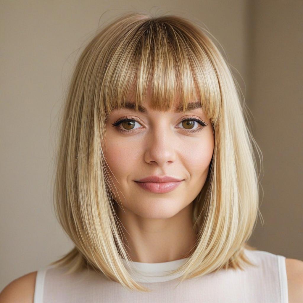 Long Bob with Bangs: Blonde Lob with thick hair and bangs cut