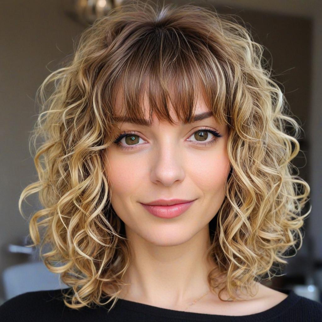 Long Bob with Bangs: Curly layered long bob haircut