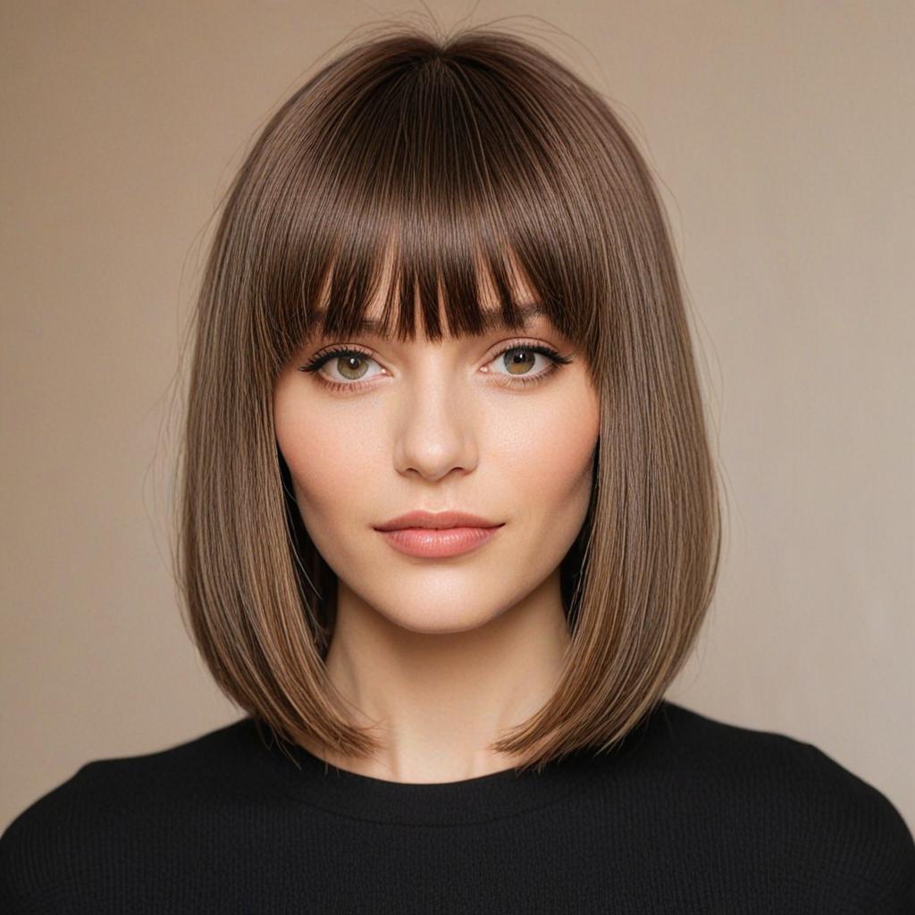 Long Bob with Bangs: Beautiful Long Bob that's cut with a Sharp fringe