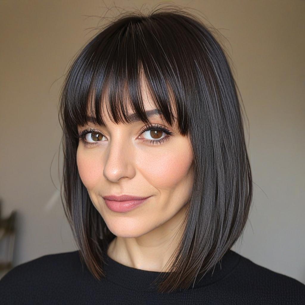 Long Bob with Bangs: Dark Brunette Lob for Hair Loss