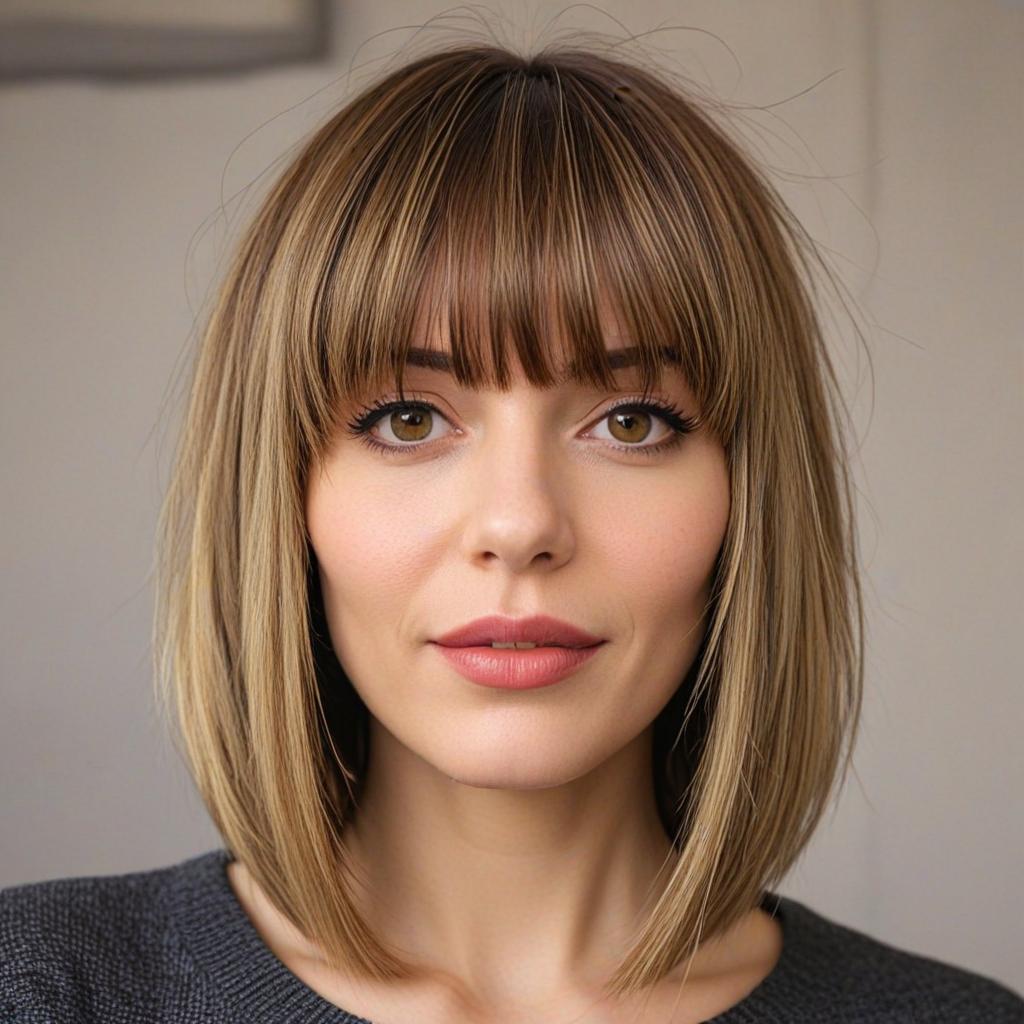 Long Bob with Bangs: Long side fringe and an upside-down bob