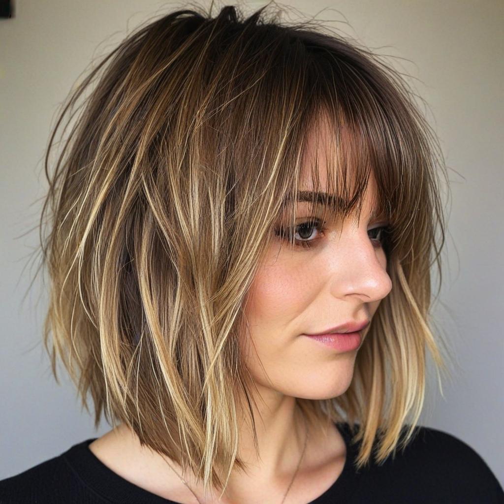 Long Bob with Bangs: Messy Layered Lob with Very Long Bangs for Fine Hair