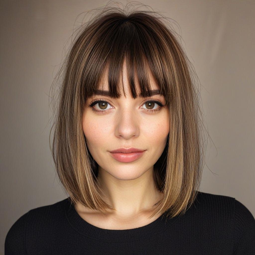 Long Bob with Bangs: A choppy long bob on round faces