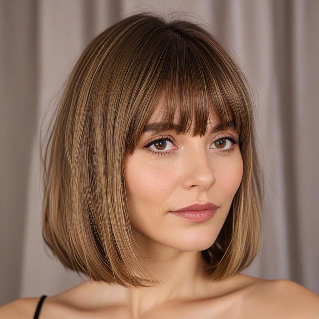 Soft brunette lob with Curtain Bangs