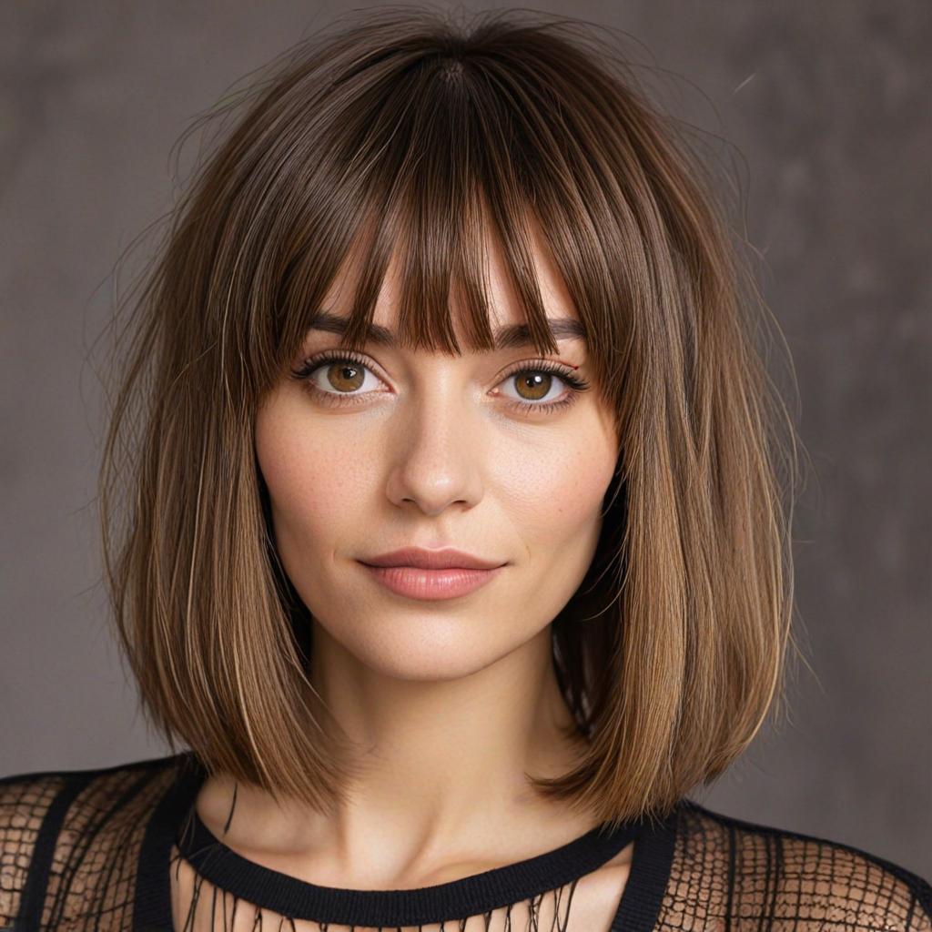 Long Bob with Bangs: Shaggy brunette lob with a Blunt Bob