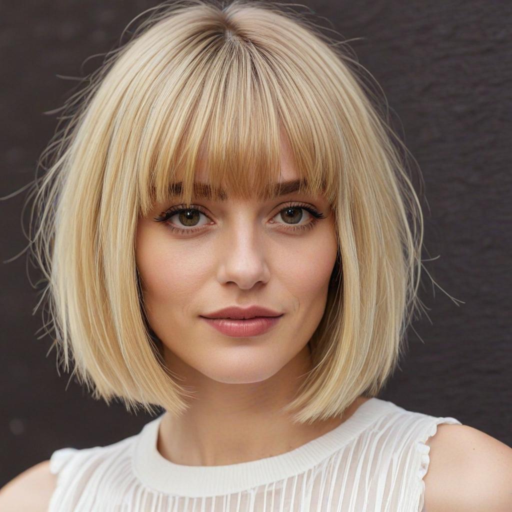 Long Bob with Bangs: Chopped-up shoulder-length blonde lob with a short fringe