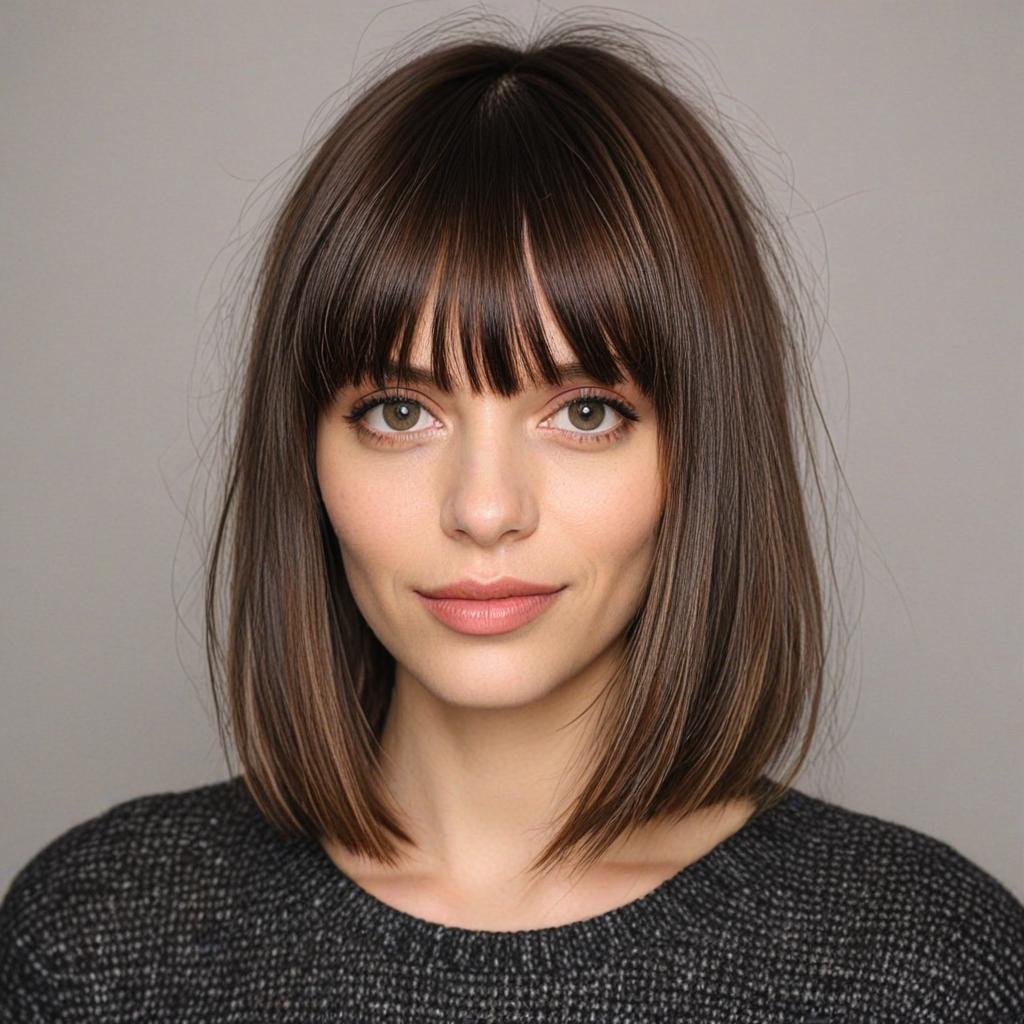 Long Bob with Bangs: Stick a straight lob with very choppy ends