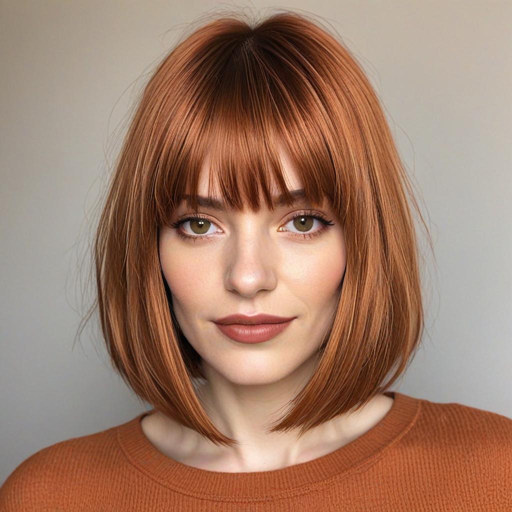 A copper shoulder-length bob hairstyle with split ends