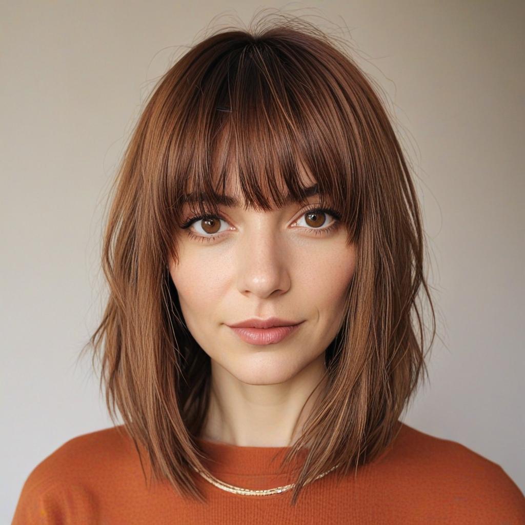 Long Bob with Bangs: Warm Brunette Shaggy Lobster