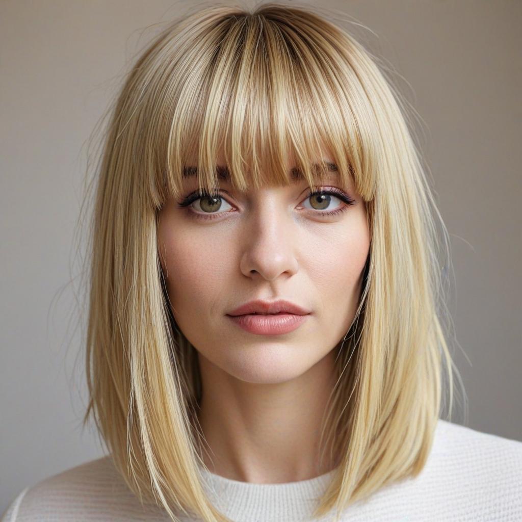 Long Bob with Bangs: A long blonde bob with waterfall fringe