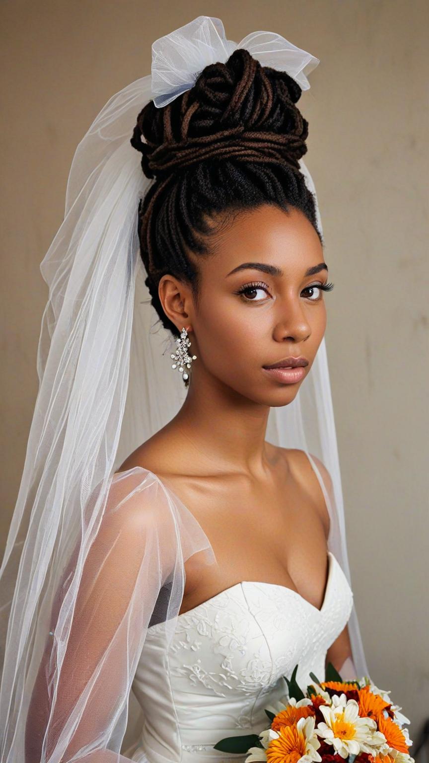 dreadlock wedding hairstyles: High Bun with Veil