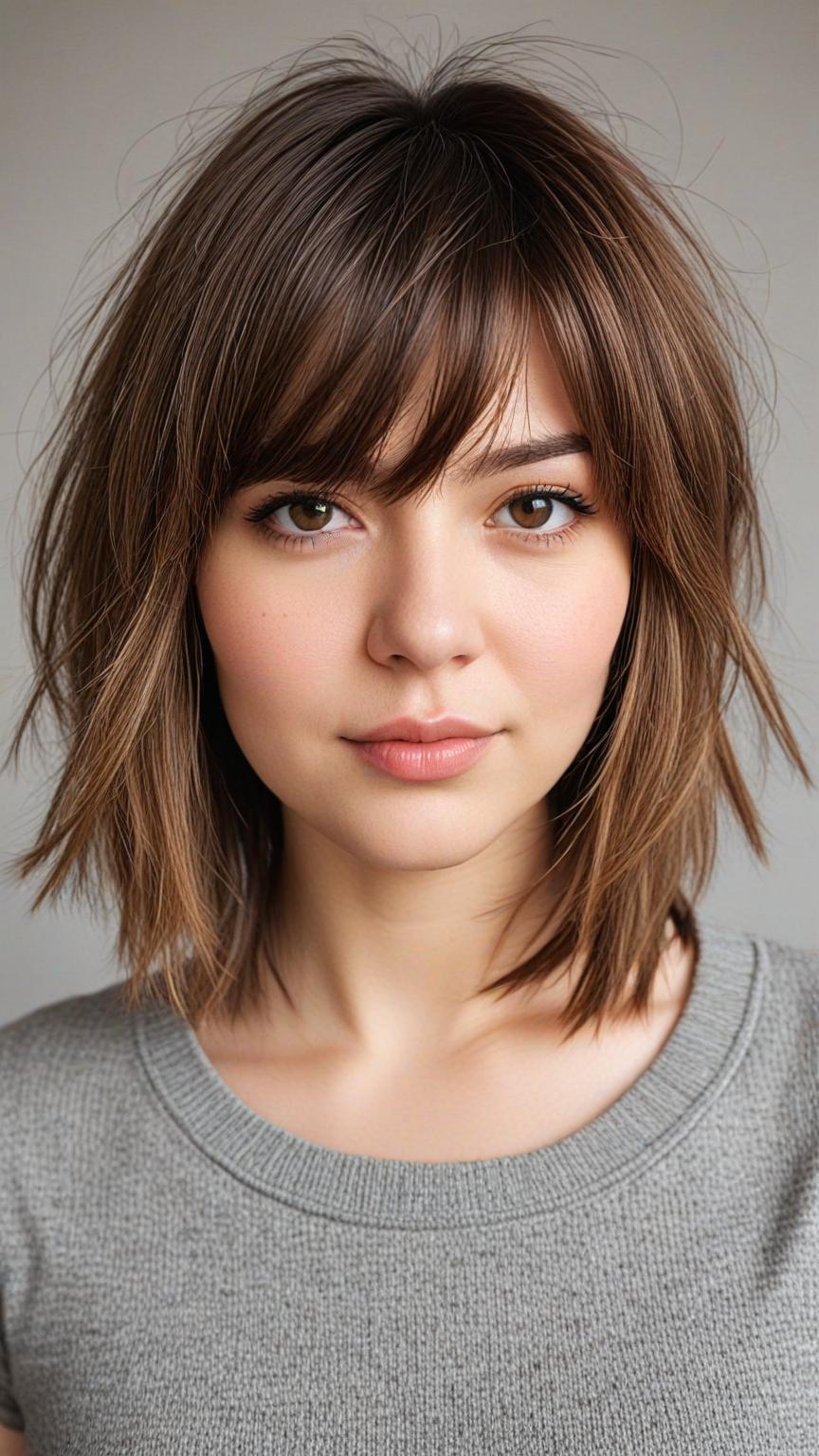 Chubby Face Low Maintenance Haircut: Side-Swept Bangs: