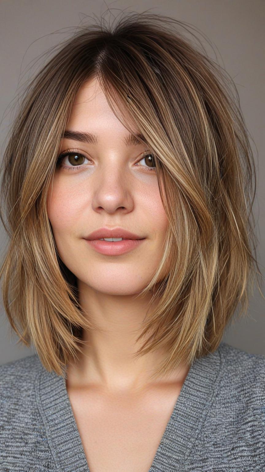 Chubby Face Low Maintenance Haircut: Layered Lob