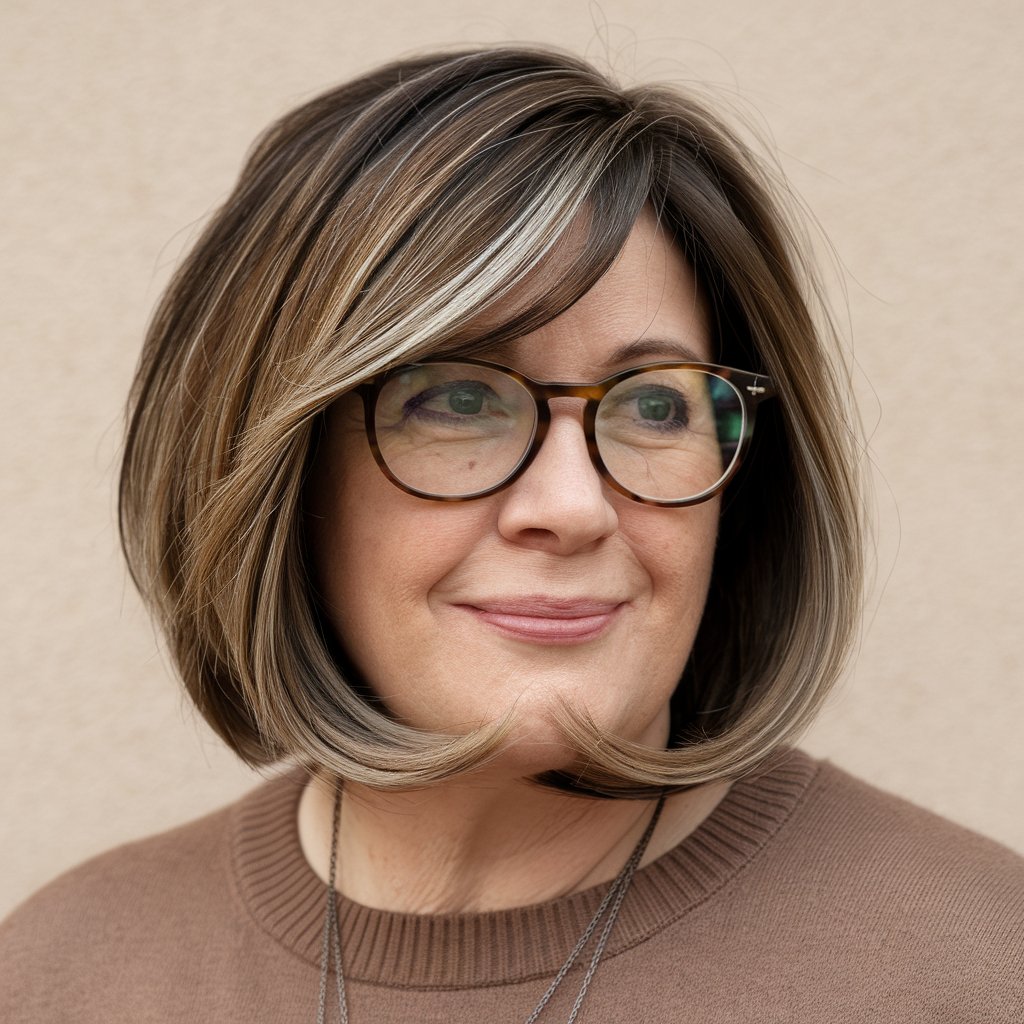 Layered Bob for Round Face Over 50 With Glasses