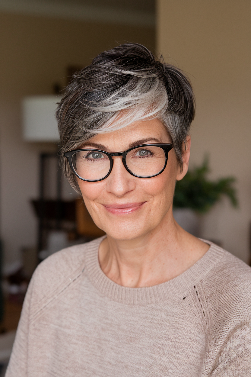 Layered Pixie over 50 with glasses