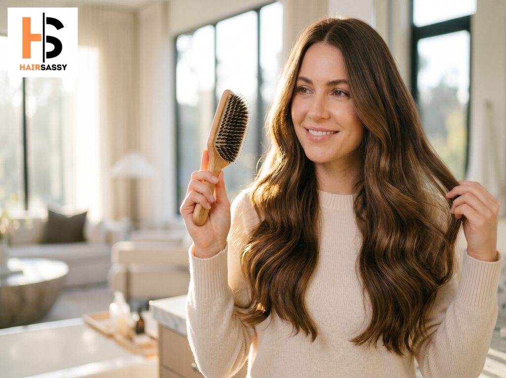 Woman with long healthy shiny hair holding a wooden boar bristle hair brush indoors