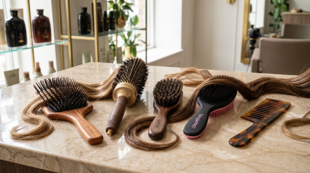 Different types of hair brushes and combs arranged on a salon table for various hair styling and detangling needs