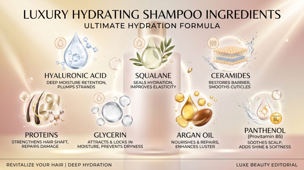 Infographic showing hydrating shampoo ingredients including hyaluronic acid, argan oil, ceramides, proteins, glycerin, and panthenol for dry hair care.