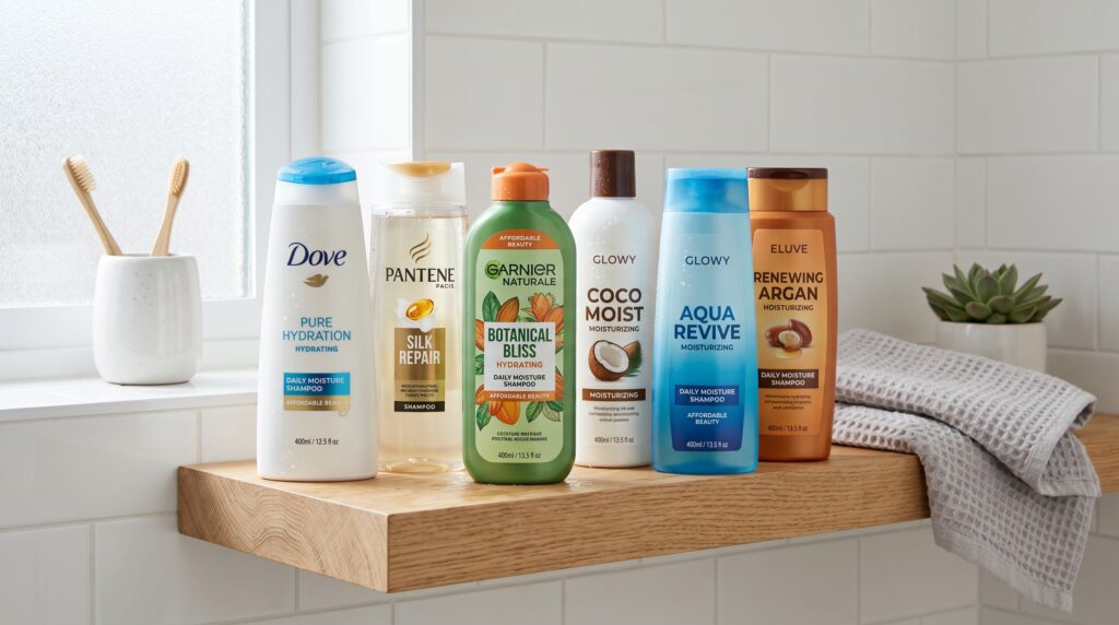 Collection of hydrating shampoos for dry and frizzy hair displayed on a bathroom shelf.