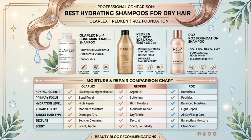 Infographic comparing Olaplex No 4, Redken All Soft, and Roz Foundation shampoos for dry hair hydration and repair.