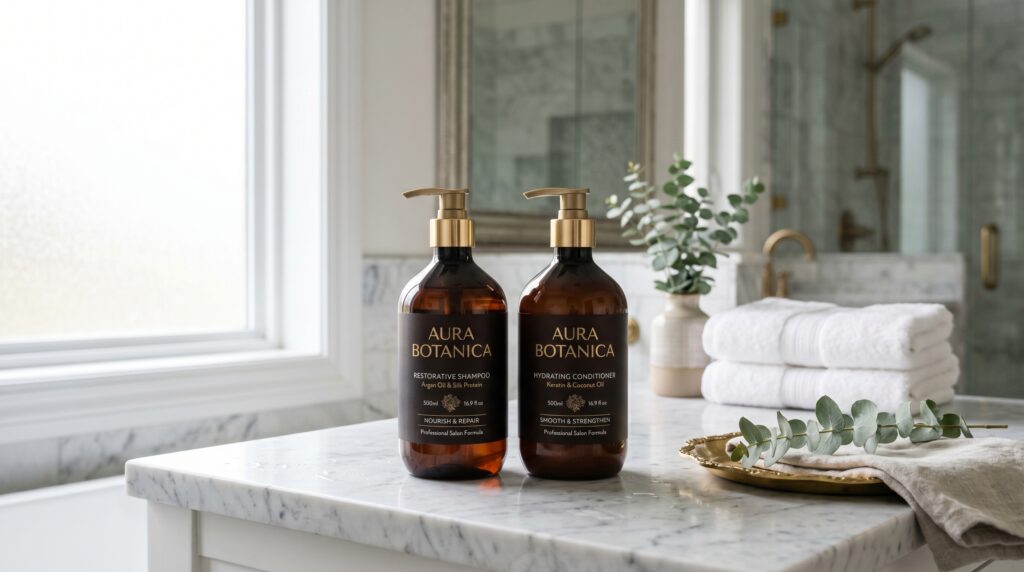 Hydrating shampoo and conditioner bottles displayed on a luxury bathroom countertop for dry and damaged hair care.