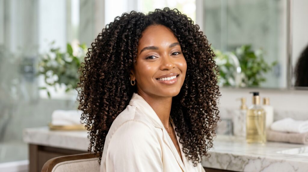 Woman with healthy natural curly hair showing defined moisturized curls after proper haircare routine.