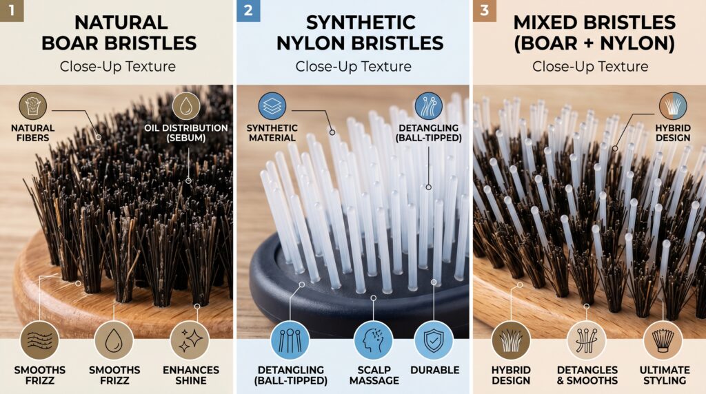 Comparison of boar bristle, nylon bristle, and mixed bristle hair brushes with benefits and features