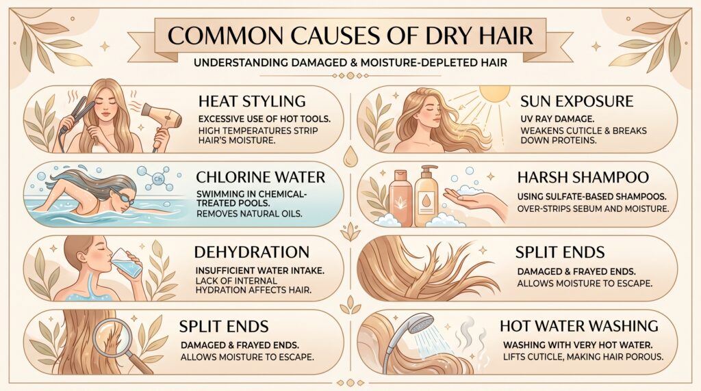 Infographic showing common causes of dry hair including heat styling, sun exposure, chlorine water, harsh shampoos, dehydration, split ends, and hot water washing.