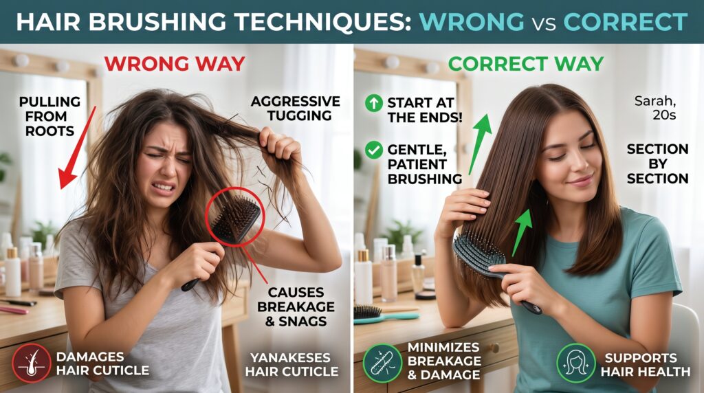 Correct vs wrong hair brushing techniques comparison infographic for reducing hair breakage