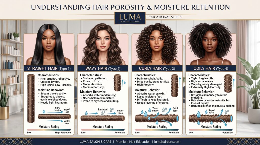 Educational infographic showing hair porosity and moisture retention differences between straight, wavy, curly, and coily hair types.
