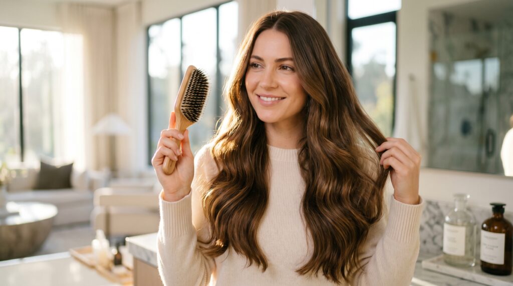 Woman with long healthy shiny hair holding a wooden boar bristle hair brush indoors