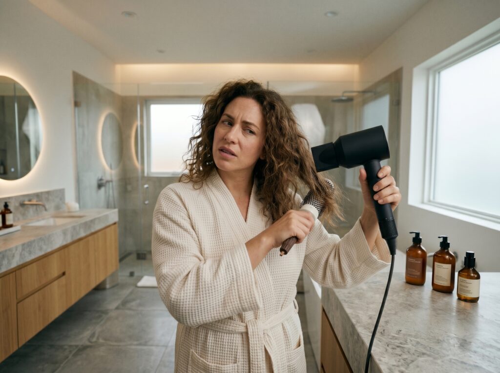 Woman using a blow dryer and round brush on dry frizzy blonde hair in a modern bathroom.