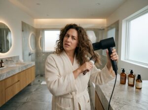 Woman using a blow dryer and round brush on dry frizzy blonde hair in a modern bathroom.