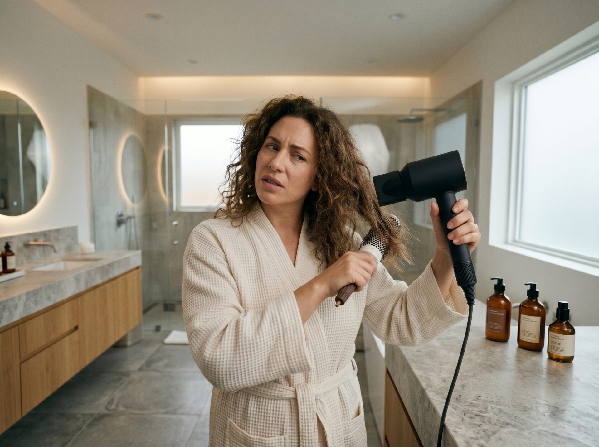 Woman using a blow dryer and round brush on dry frizzy blonde hair in a modern bathroom.