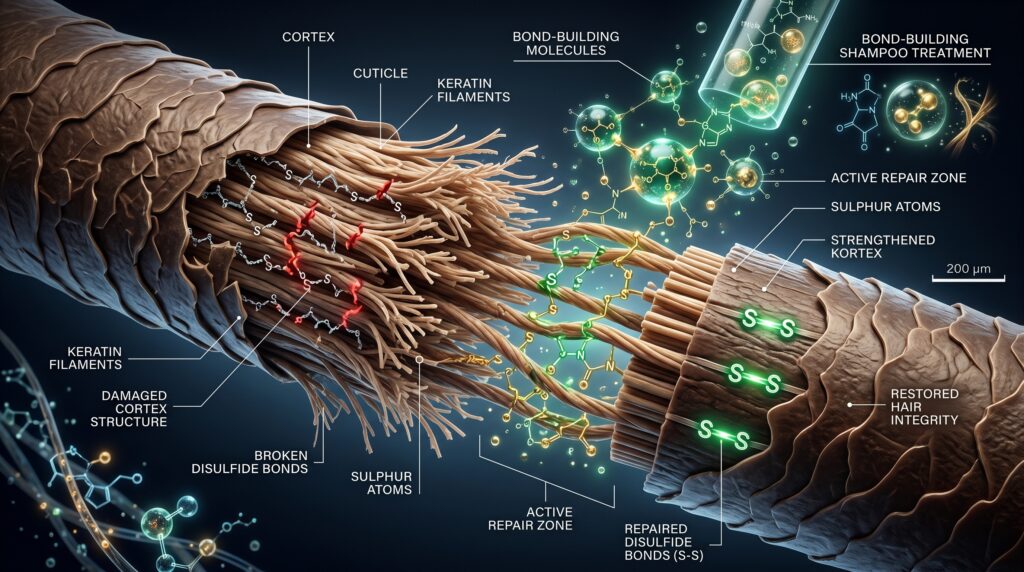 Scientific illustration showing damaged hair fibers being repaired by bond-building shampoo molecules reconnecting broken disulfide bonds.