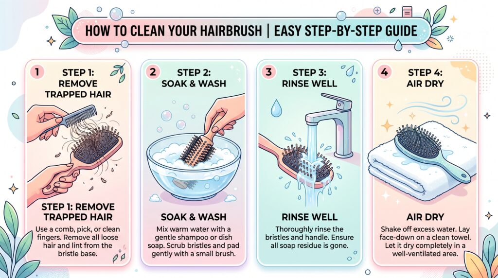 Step-by-step guide showing how to clean a hairbrush by removing hair, washing, rinsing, and air drying