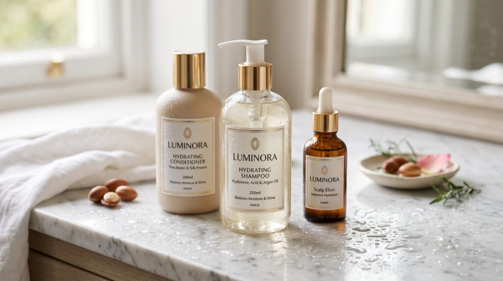 Luxury hydrating shampoo, conditioner, and scalp serum products displayed on a bathroom counter.