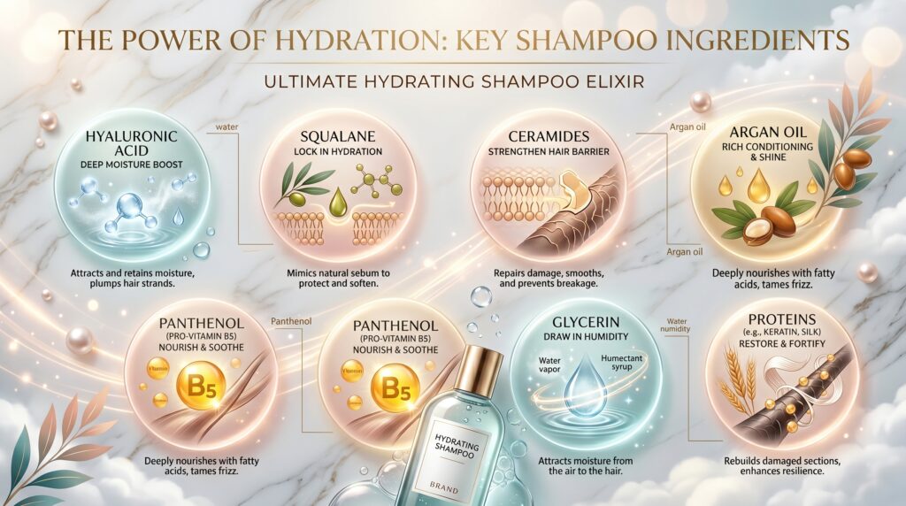 Educational infographic showing hydrating shampoo ingredients including hyaluronic acid, squalane, ceramides, argan oil, glycerin, proteins, and panthenol for dry hair care.