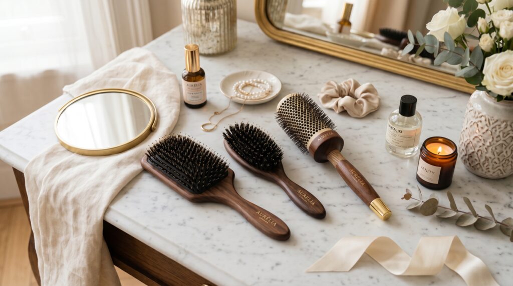 Luxury wooden hair brushes and premium haircare accessories arranged on a marble vanity table
