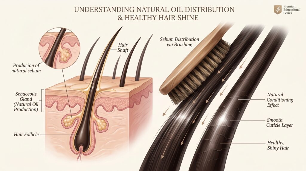 Diagram showing natural oil distribution through hair brushing for healthy shiny hair
