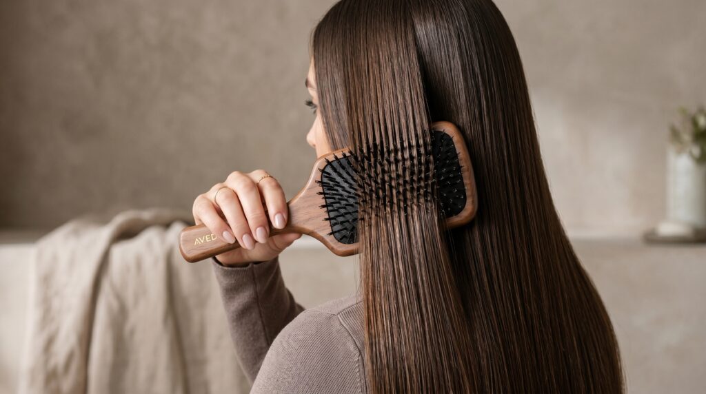 Woman brushing long smooth hair with a paddle hair brush for healthy shine and detangling