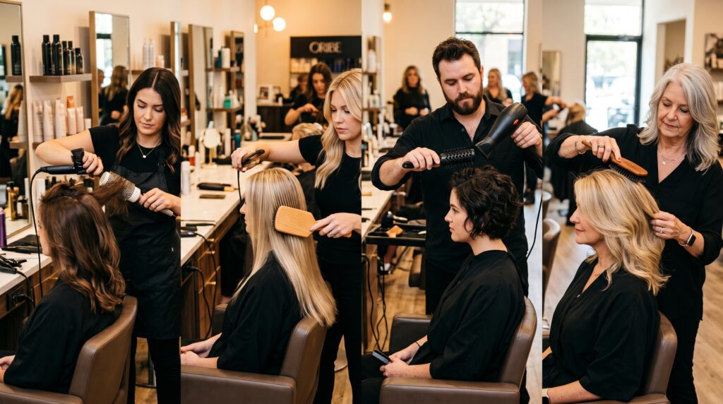 Professional hairstylists using different hair brushes and blow-drying techniques on various hair types in a salon