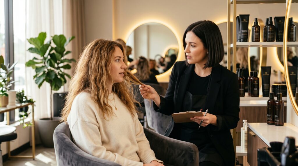 Hair stylist consulting a client in a salon while examining dry and frizzy hair and discussing treatment options.