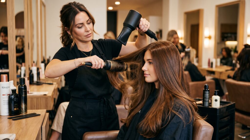 Professional hairstylist using a round brush and blow dryer for smooth salon hair styling