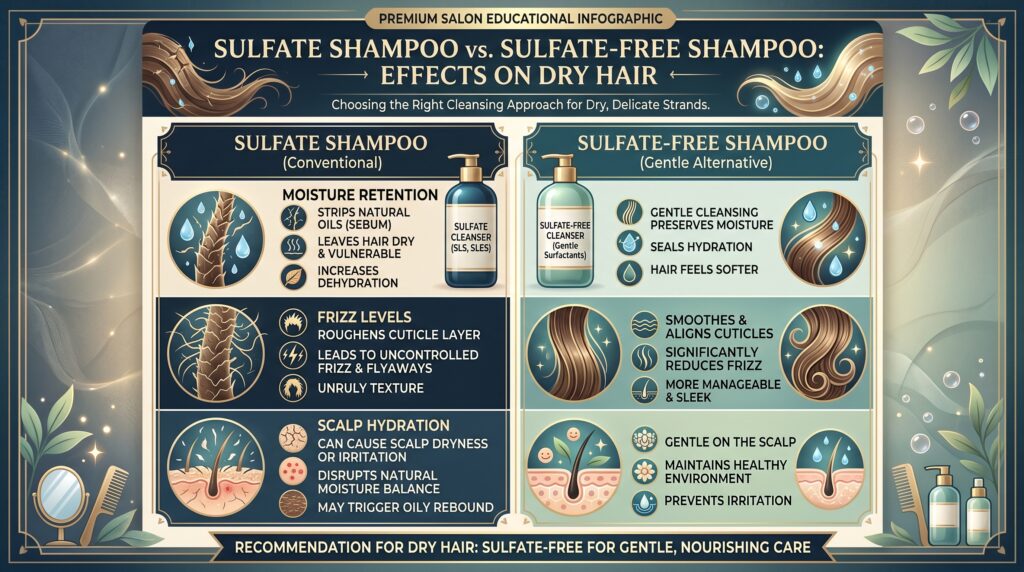 Infographic comparing sulfate shampoo and sulfate-free shampoo effects on dry hair, frizz, and scalp hydration.