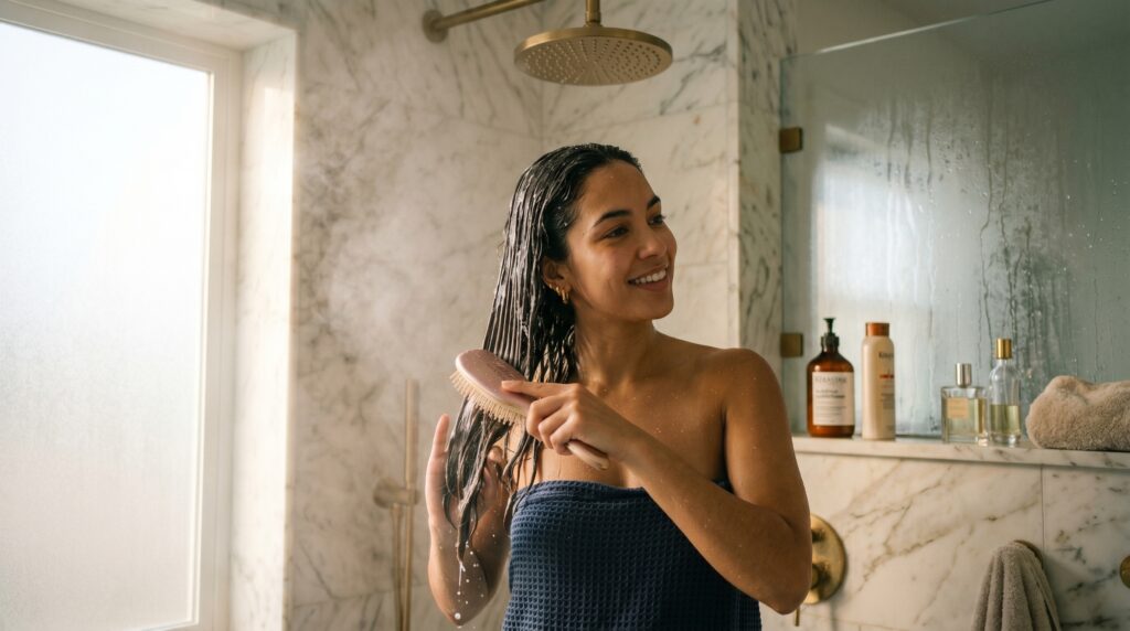 Woman using a detangling hair brush on wet hair in the shower to prevent breakage and knots