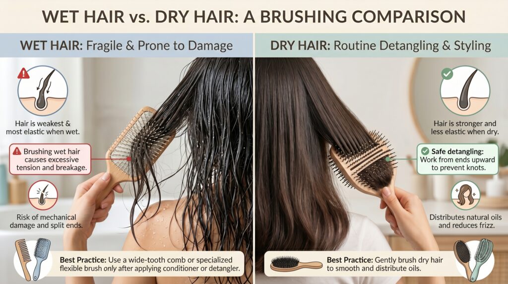 Wet hair vs dry hair brushing comparison infographic showing proper detangling techniques