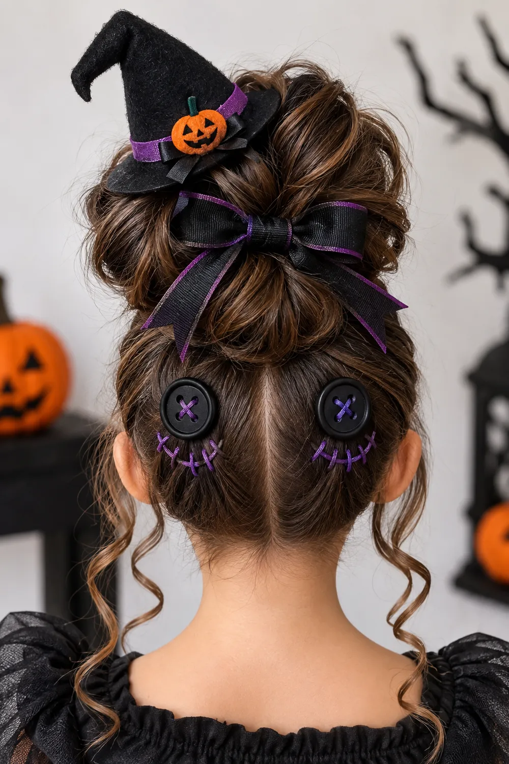 Button-Eye Doll Face Updo With a Witch Hat