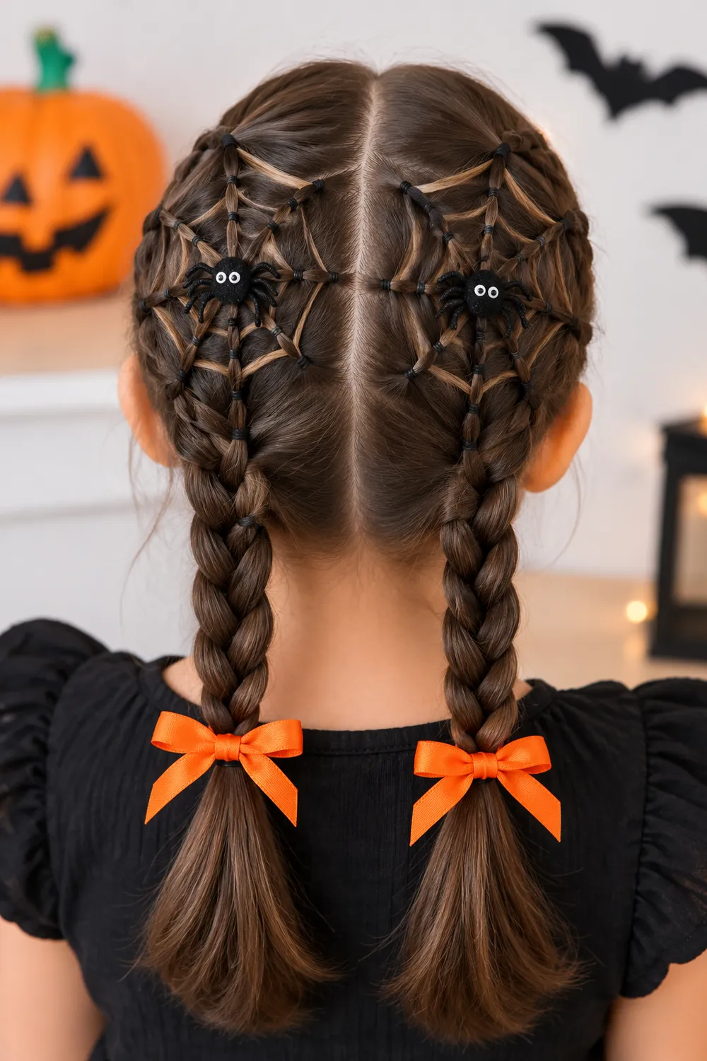 Spiderweb Pigtail Braids With Orange Bows